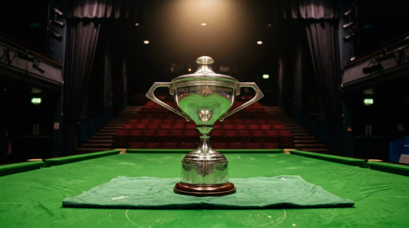 Silberner Snooker-Pokal auf grünem Tuch unter Bühnenscheinwerfern im Crucible Theatre